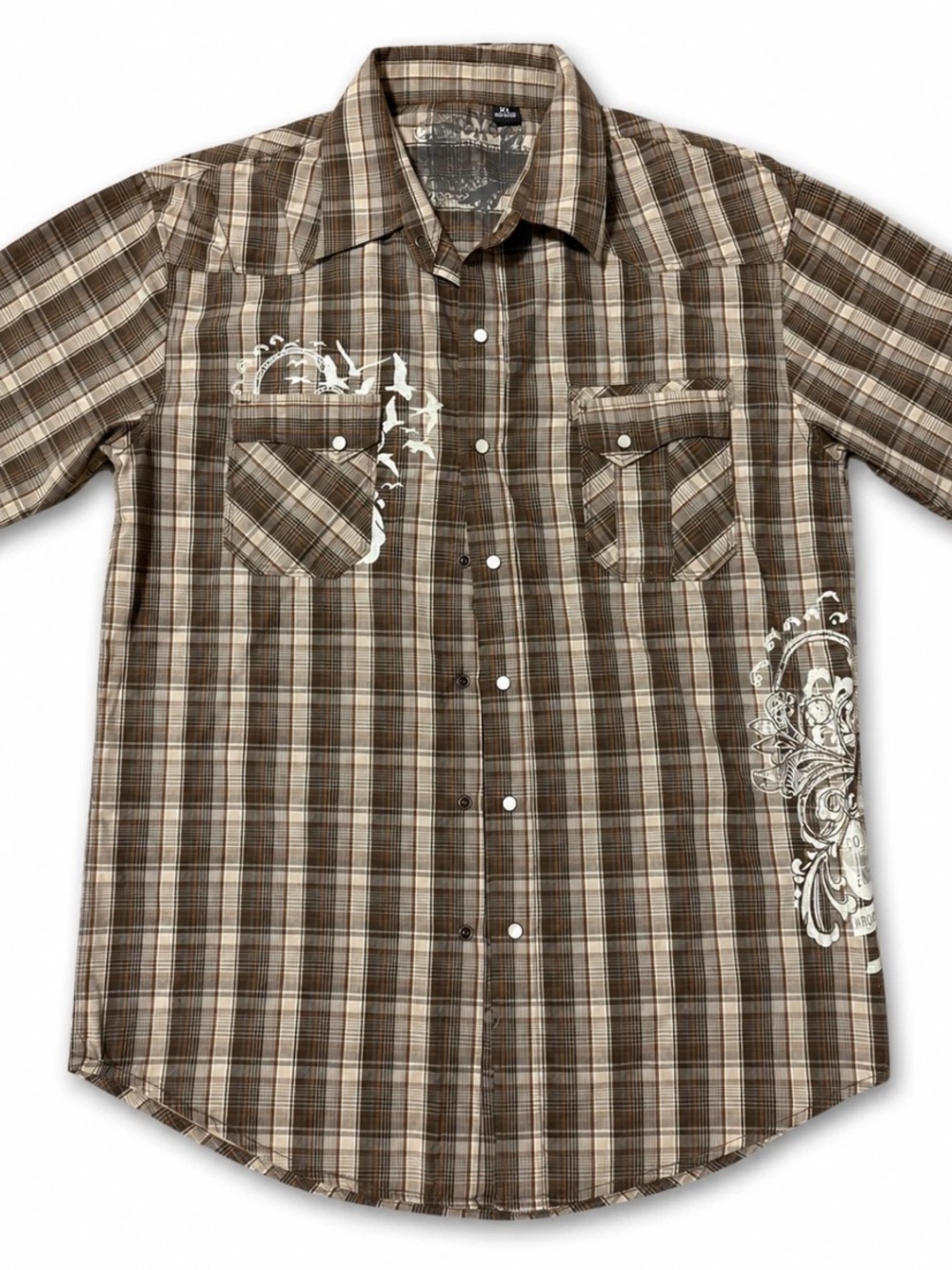 Men's Brown Plaid Button-Down Shirt with White Graphic Accents